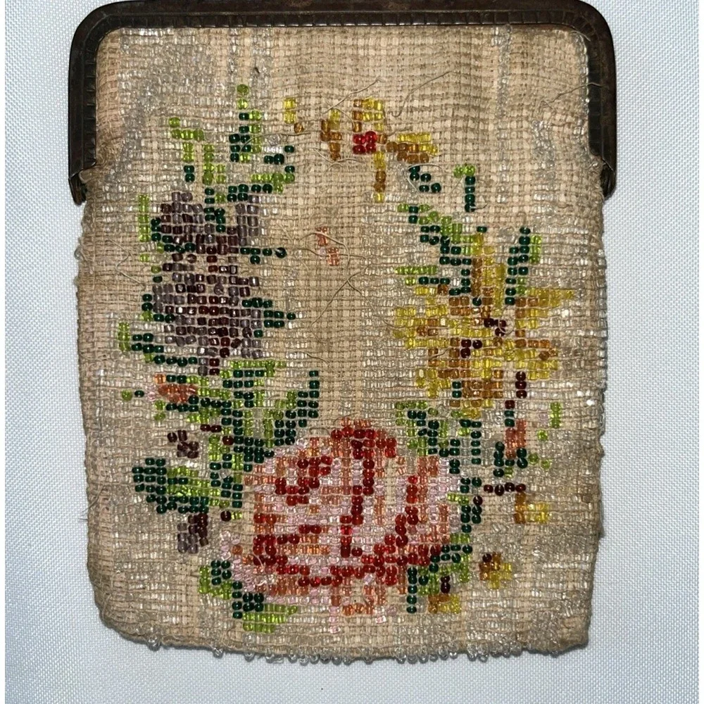 As Is Antique Micro Beaded Purse Floral For Repair Parts Crafting 1920's Frame